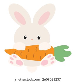 Cute peeking Easter bunny girl   with carrot vector cartoon illustration