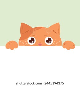 Lindo gatito de jengibre. El gato curioso está mirando fuera de la mesa.  Espacio vacío para el texto. Ilustración vectorial