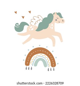 Cute pegasus flying over the rainbow in boho style. Vector illustration for nursery and textile decoration