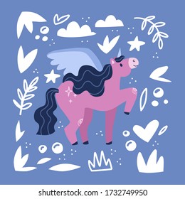 Cute pegasus hand drawn vector illustration. Funny mythical  cartoon character.  in floral frame isolated on purple background. Childish t shirt print design