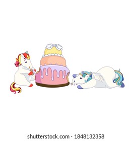 Cute Pegasus and Lovely Unicorn, vector Pegasus, isolated Pegasus, Cartoon flying horse on white isolated background, Cartoon Cake, horses eating cake, birthday cake.