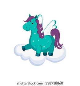 Cute Pegasus on a Cloud. Bright Vector Illustration