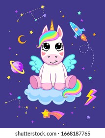 Cute pegasus on cloud with planet, constellations, rocket, crescent and stars. Vector illustration