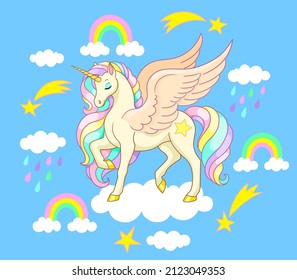 Cute pegasus on cloud with rainbows and shooting stars. Vector illustration for kids