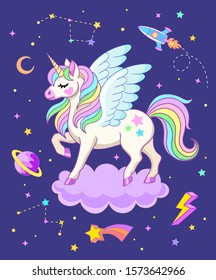 Cute pegasus on cloud with rocket, saturn, constellations, moon and stars. Vector illustration