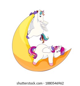 Cute Pegasus on the Moon, Isolated Pegasus in Cartoon style, Vector Pegasus and the Crescent Moon, Flying horses on white isolated background for Kids, Teenagers, Children’s goods fields.