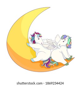 Cute Pegasus on the Moon, Vector Pegasus and the Crescent Moon, Isolated Pegasus in Cartoon style, Funny Flying horses on white isolated background for Children’s goods fields, stickers, prints.