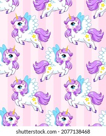 Cute pegasus on striped background. Vector seamless pattern in pastel colors