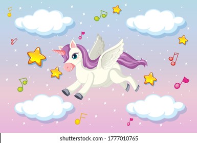 Cute pegasus with purple mane flying in the pastel sky illustration