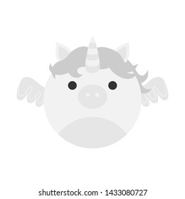 Cute pegasus round graphic vector icon. White, grey unicorn, pegasus, horse with horn and wings. Mythical creature head, face illustration. Isolated.