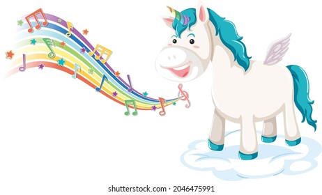 Cute pegasus standing on the cloud with melody symbols on rainbow illustration