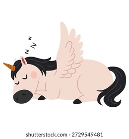 Un lindo unicornio pegaso está acostado y durmiendo. Ilustración vectorial plana en un estilo simple para niños. 
