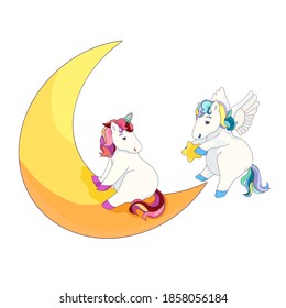 Cute Pegasus and Unicorn on the Moon, isolated Pegasus with a Star in Cartoon style, sad vector Unicorn on the Crescent Moon on white isolated background for Children’s goods fields, stickers, prints.