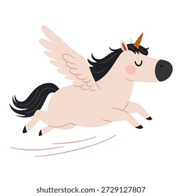 Ein süßes Pegasus Einhorn, das schnell läuft. Flache Vektorgrafik im einfachen Kinderstil. 