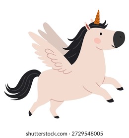 Ein süßes Pegasus Einhorn, das schnell läuft. Flache Vektorgrafik im einfachen Kinderstil. 