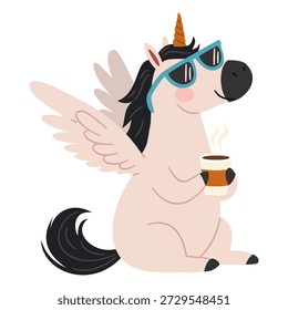 A cute pegasus unicorn sits drinking coffee wearing sunglasses. Flat vector illustration in a simple children's style. 