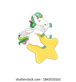 Cute Pegasus, vector lovely Pegasus in Cartoon style, Isolated Pegasus on the Star, Magical flying horse on white isolated background, vector stock illustration for Kids, Children’s goods fields.