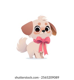 Cute Pekingese dog with fluffy tail and floppy ears. Pink ribbon bow with star patterns around its neck. Playful and friendly. Pet lovers concept. Isolated background. Flat cartoon vector illustration