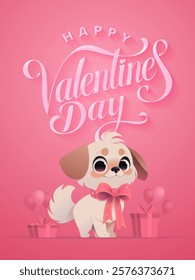 Cute pekingese fluffy dog. Big bow with star pattern. Happy Valentines Day lettering. Gift boxes and balloons. Pink background. Love and romantic greeting postcard design. Cartoon vector illustration