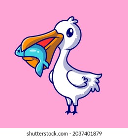 Cute Pelican Bird Eat Fish Cartoon Vector Icon Illustration. Animal Nature Icon Concept Isolated Premium Vector. Flat Cartoon Style