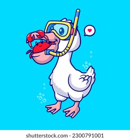 Cute Pelican Bird Snorkeling With Crab Cartoon Vector Icon Illustration. Animal Holiday Icon Concept Isolated Premium Vector. Flat Cartoon Style