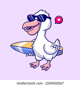 Ilustración del Icono del Vector de Círculo Pelican Bird Surfing Cute. Vector Premium Aislado De Icono De Festividad Animal. Estilo de dibujo plano