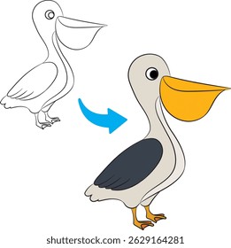 Cute Pelican Cartoon Outline and Coloring Illustration Isolated on White Background