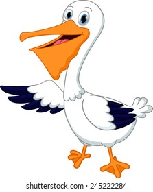 Cute pelican cartoon waving hand 