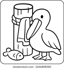 Cute Pelican with Fish Coloring Page