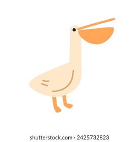 Cute pelican. Funny water bird, exotic tropical feathered animal with large beak. Wild fauna in kids childs style. Childrens flat vector illustration isolated on white background