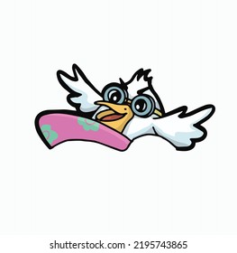 cute pelican mascot riding a surfboard and waving wing. vector illustration.