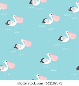 Cute pelican seamless pattern. Vector hand drawn illustration.