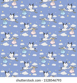 Cute pelicans fly carry bag in the sky seamless pattern Vector Illustration