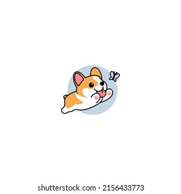 Cute pembroke welsh corgi dog playing with butterfly cartoon, vector illustration