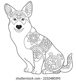 Cute Pembroke Welsh corgi dog. Adult coloring book page in mandala style