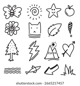 Cute pen line doodle element set. Hand drawn doodles consisting of hearts, arrows, scribbles, flowers, paint, stars, butterflies and hills.