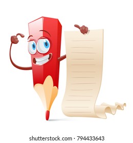 Cute pencil with blank sign. Vector, illustration, flat