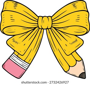 Cute Pencil Bow School Education Teacher Clipart Hand Drawn Vector Illustration