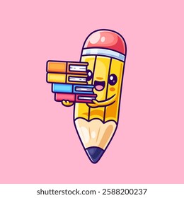 Cute Pencil Bringing Books Cartoon Vector Icon Illustration. Education Object Icon Concept Isolated Premium Vector. Flat Cartoon Style