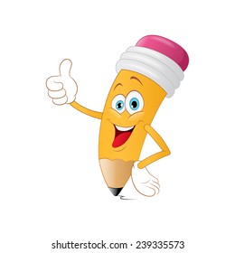 Cute pencil cartoon with book on a white background