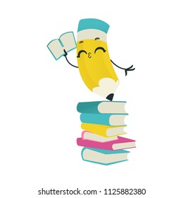Cute pencil cartoon character with book stand on stack of textbooks isolated on white background - funny personage with smiling face for back to school concept in vector illustration.