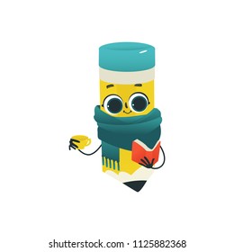 Cute pencil cartoon character with scarf and cup of tea or coffee reading book isolated on white background - funny personage with smiling face for back to school concept in vector illustration.