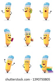 Cute pencil cartoon character set 