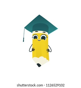 Cute pencil cartoon character in square academic cap isolated on white background - funny personage in graduate hat with smiling face for back to school concept in vector illustration.