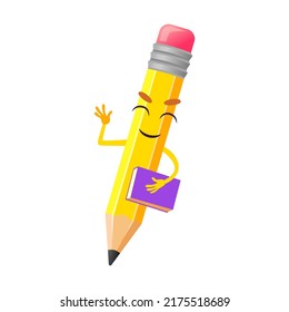 Ilustración vectorial de caricatura de lápiz. Herramienta cómica divertida y feliz de escritura con cara sonriente, mascota animada sujetando el libro, aislada en blanco