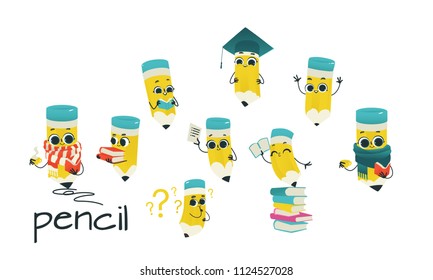 Cute pencil cartoon characters set with reading and studying office elements isolated on white background - funny drawing supplies with smiling faces for back to school concept in vector illustration.