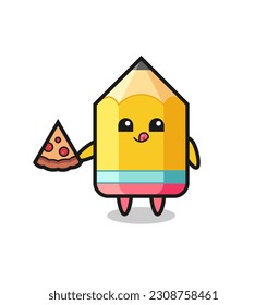 cute pencil cartoon eating pizza , cute style design for t shirt, sticker, logo element