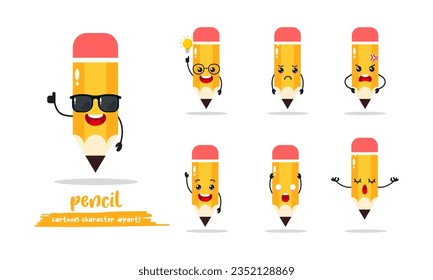 cute pencil cartoon with many expressions. school equipment different activity pose vector illustration flat design set with sunglasses.