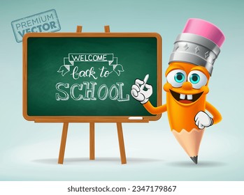 Cute Pencil cartoon vector character writing on school board, back to school