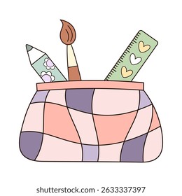 Cute pencil case clipart, groovy school supplies, back to school, cute hand drawn vector illustration in flat style
